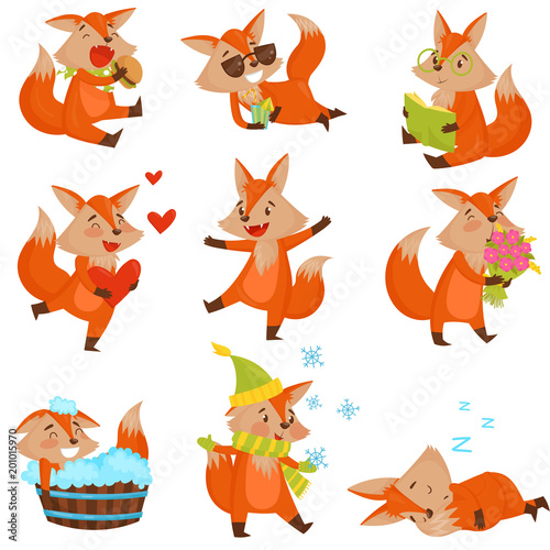Cute cartoon fox character set, funny animals in different situations vector Illustrations on a white background