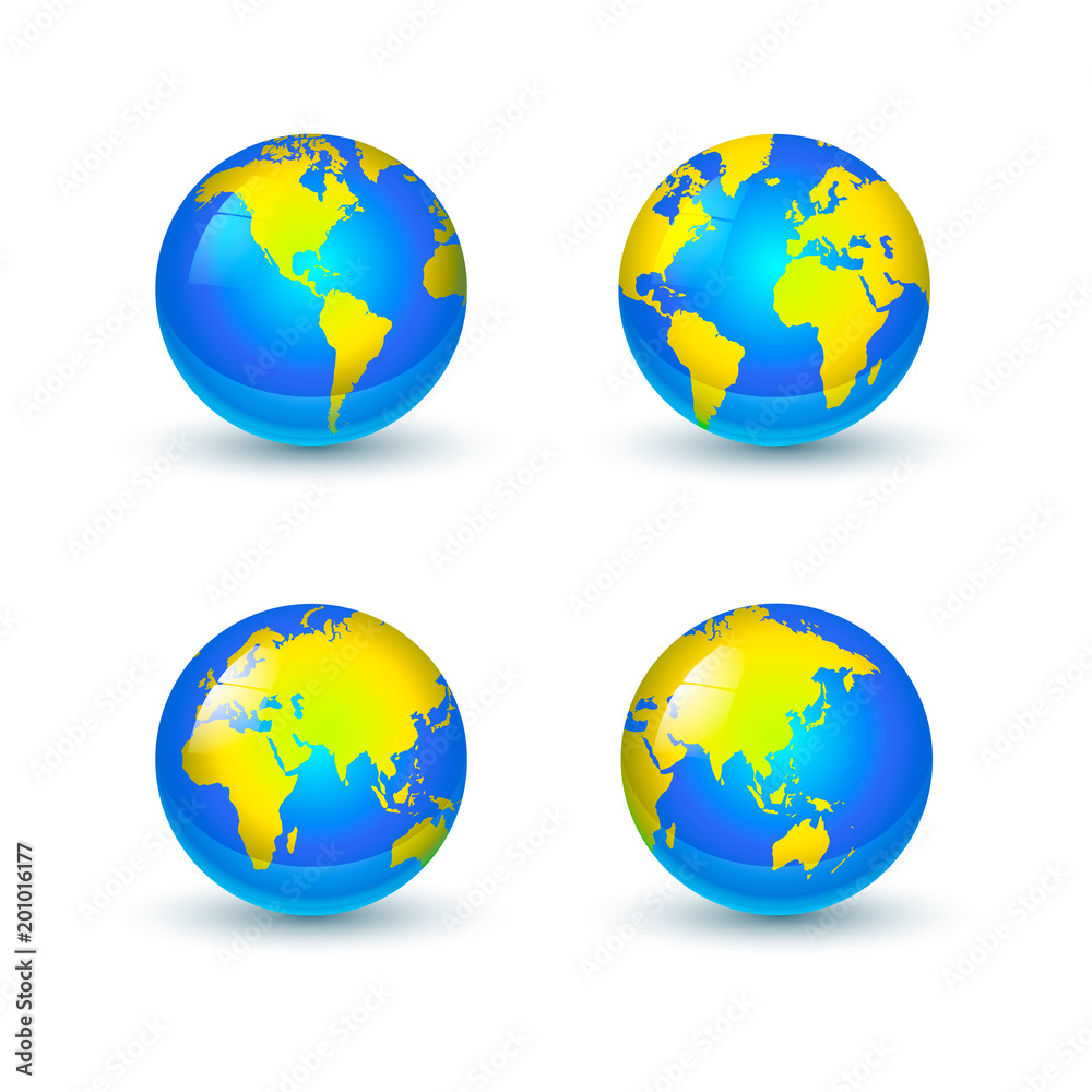 Bright glossy Earth globes icons from different sides on white background