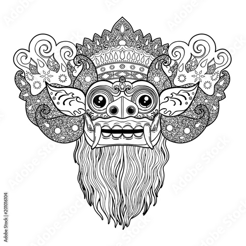 Barong. Traditional ritual Balinese mask. Vector outline illustration for coloring book isolated. Hindu ethnic symbol, tattoo art, yoga, Bali spiritual design for print, posters.