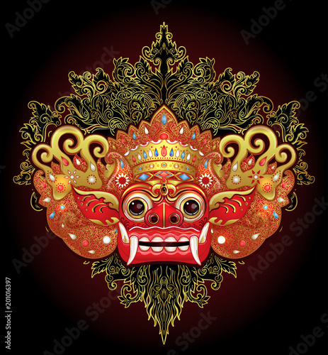 Barong. Traditional ritual Balinese mask. Vector color illustration in red, gold and black isolated. Hindu ethnic symbol, tattoo art, yoga, Bali spiritual design for t-shirt, textile.