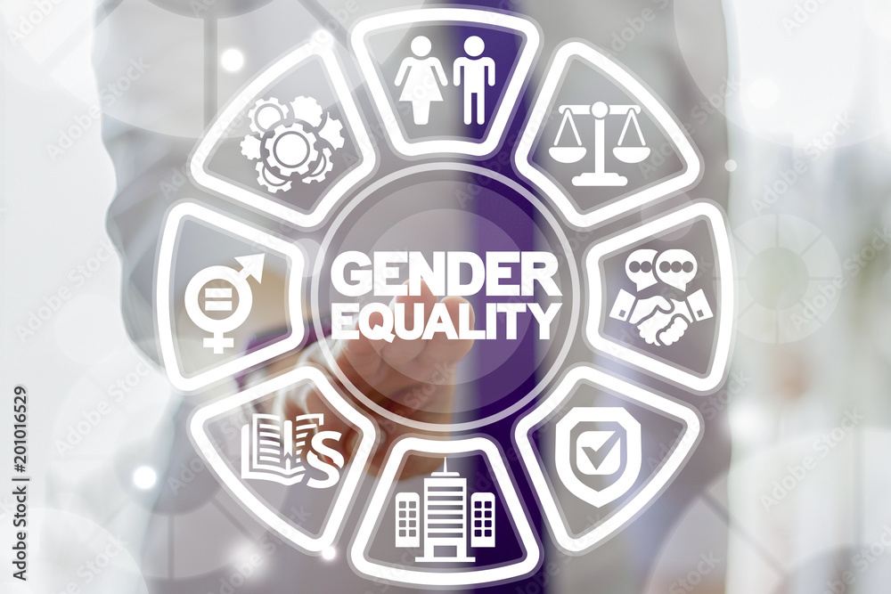 Business Gender Equality Work concept. Male Equals Female. Equal Pay, Salary, Fairness, Justice and Emancipation. Businesswoman clicks on a gender equality words surrounded by specific icons. Business Gender Equality Work concept. Male Equals Female. Equal Pay, Salary, Fairness, Justice and Emancipation. Businesswoman clicks on a gender equality words surrounded by specific icons.