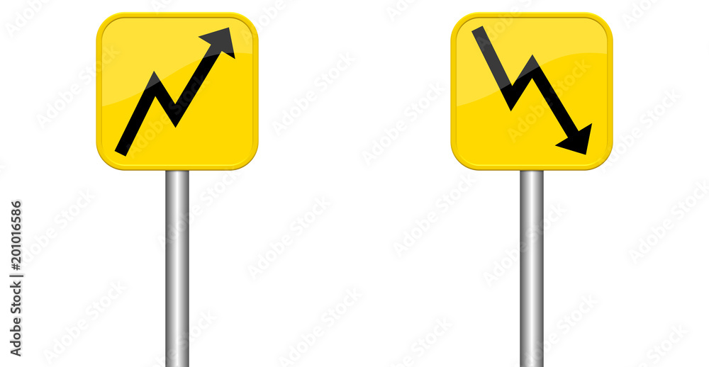 Pfeil hoch und runter auf gelbem Schild Pfeil hoch und runter auf gelbem Schild