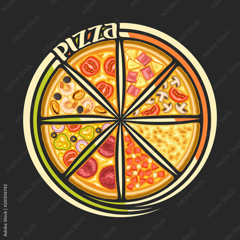 Vector logo for Italian Pizza, round sign for pizzeria with 8 sliced pieces different kinds of baked pizza top view, original typeface for word pizza, design label for package of fast food restaurant.