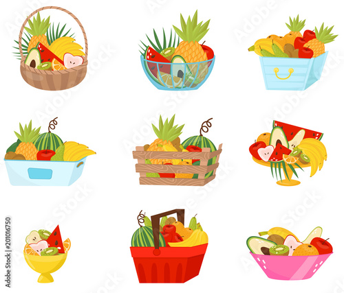 Fresh fruit in baskets, containers and vases set, healthy lifestyle and diet concept vector Illustration on a white background