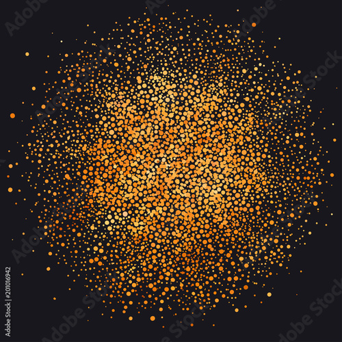 Gold sparkles over dark background. Gold glitters. Golden backdrop for vintage party flyer, exclusive, gift certificate.