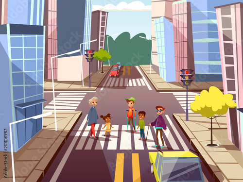 Vector cartoon people on pedestrian crossing road on city downtown urban cityscape background. Illustration with african black caucasian male female characters, blind disabled man, boy on crutches.