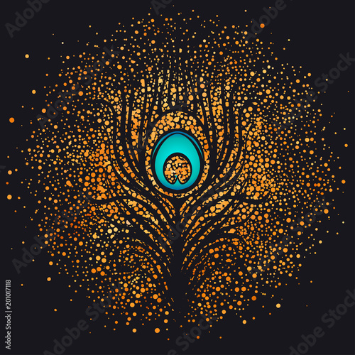 Feather over gold sparkling background. Retro vector illustration. Art deco s...