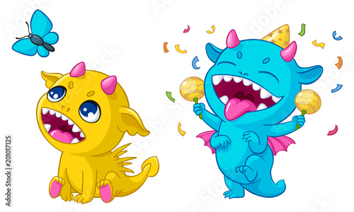 Dinosaurs monsters cartoon vector illustration for kid Happy Birthday greeting card or T-shirt print design template. Cute funny bright baby monster creatures playing with butterfly or beanbag