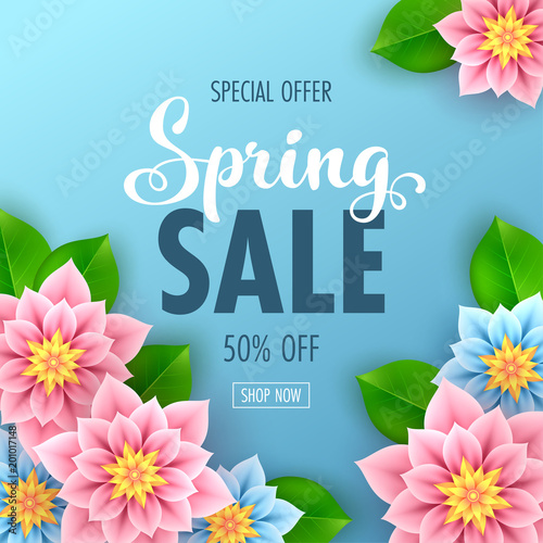 Floral spring sale banner with beautiful flowers for online shopping. Vector Illustration