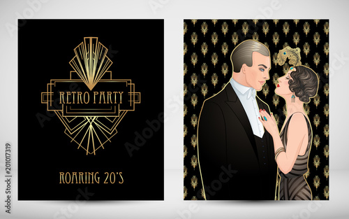 Flapper 20 s style. Vintage party or thematic wedding invitation design template. Beautiful couple in art deco style. Retro fashion  glamour man and woman of twenties.