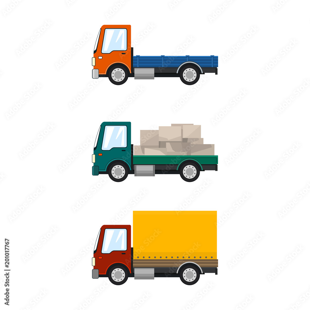 Set of Cargo Trucks Isolated on White, Orange Lorry without Load, Car with Boxes, Small Closed Truck, Transportation and Logistics, Delivery Services, Vector Illustration Set of Cargo Trucks Isolated on White, Orange Lorry without Load, Car with Boxes, Small Closed Truck, Transportation and Logistics, Delivery Services, Vector Illustration
