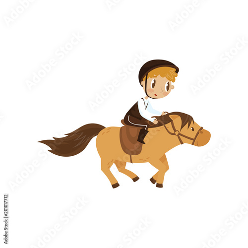 Cute litlle boy riding a horse, equestrian sport concept cartoon vector Illustration on a white background