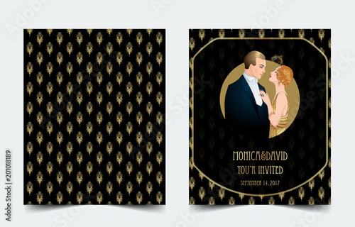 Flapper 20's style. Vintage party or thematic wedding invitation design template. Beautiful couple in art deco style. Retro fashion: glamour man and woman of twenties.