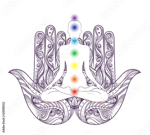 Human silhouette sitting in lotus position with chakras over hamsa symbol on background. Vector illustration of a girl isolated. Ornate hand drawn hamsa.