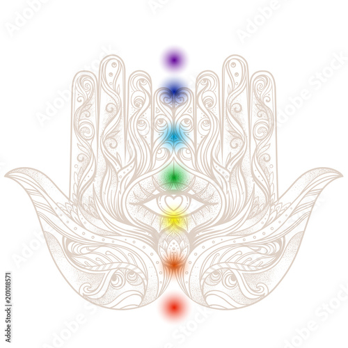 Esoteric tattoo flash. Ornate hand drawn hamsa with chakras. Popular Arabic and Jewish amulet. Vector illustration isolated on white. Tattoo design, mystic symbol.