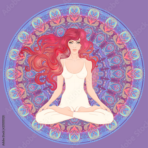 Beautiful Caucasian Girl with long curly red hair sitting in Lotus pose with ornate mandala on background. Vector illustration. Spa consent, yoga studio, or natural medicine clinic.