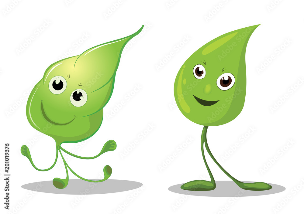 Obraz premium Happy leaves cartoon characters, Leaf Mascot - Vector illustration