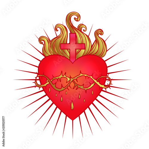Sacred Heart of Jesus with rays. Vector illustration in red and gold isolated. Trendy Vintage style element. Spirituality, religion, Catholicism, Christianity, occultism, alchemy.