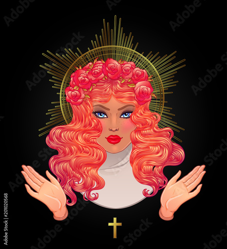 Praying Blessed Virgin Mary. Queen of Heaven. Beautiful catholic woman with open hands, red sexy lips, golden halo and cross. Vector illustration isolated on black.