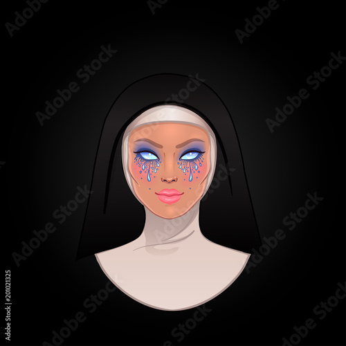 Catholic nun with empty creepy eyes. Halloween character concept. Mystic beautiful girl, gothic evil witch. Mysticism, religion, spirituality, occultism. Isolated color vector illustration