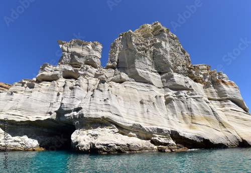 Volcanic rock formations on the south eastern coast near Kleftiko Milos Cyclades islands Greece