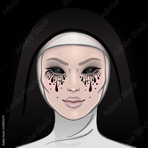 Catholic nun with empty creepy eyes. Halloween character concept. Mystic beautiful girl, gothic evil witch. Mysticism, religion, spirituality, occultism. Isolated color vector illustration
