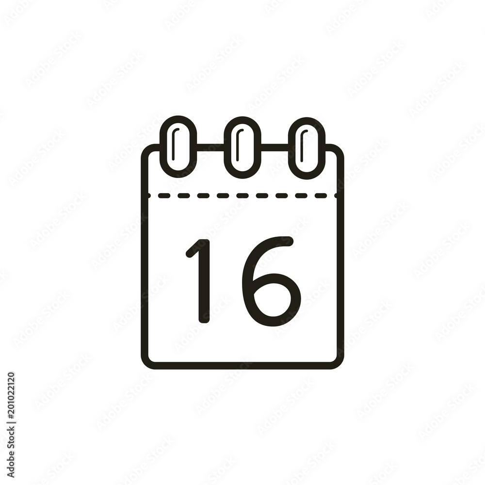 black and white linear icon of the tear-off calendar with number sixteen black and white linear icon of the tear-off calendar with number sixteen