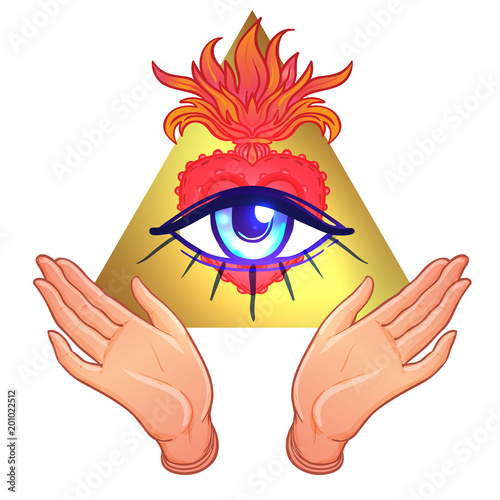 Human hands open around masonic symbol all seeing eye over sacred heart and pyramid. New World Order. Alchemy, religion, spirituality, occultism. Color vector illustration isolated.