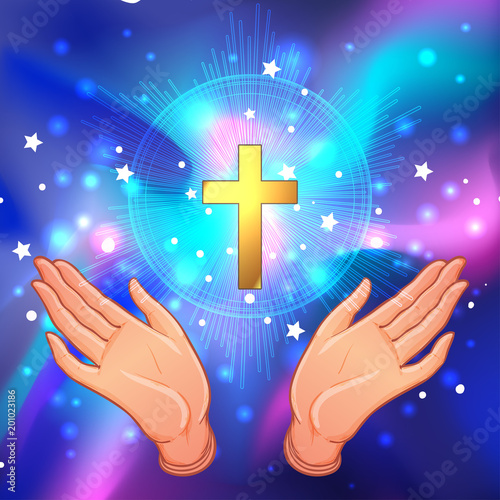 Holy Cross. Open human hands showing a main symbol of Christianity. Praying or worshiping. Vector illustration of a devotion faithful christian worshiping Son of Lord (Jesus Christ).