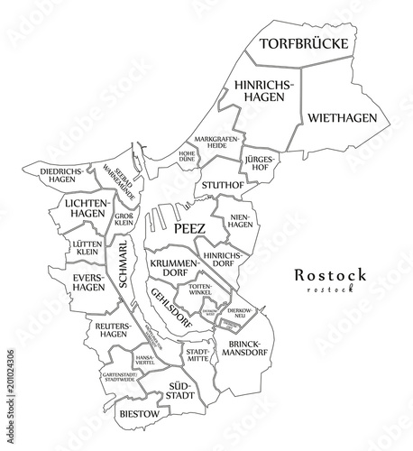 Modern City Map - Rostock city of Germany with boroughs and titles DE outline map