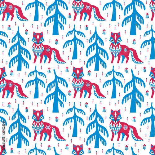 Decorative seamless pattern in folk style with red fox. Colorful vector background.