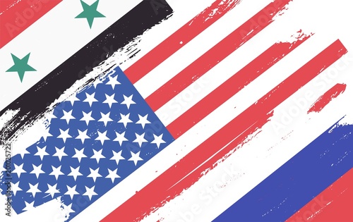 Flags of USA, Russia and Syria isolated on white background. Vector illustration

