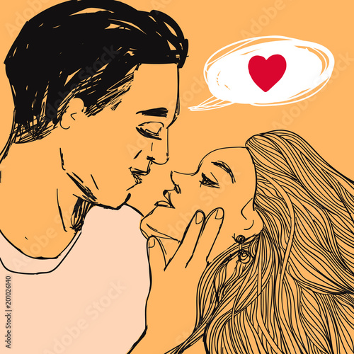 Couple in love, pretty beautiful blonde woman and man want to kiss each other. Vector romantic Valentine's day pop art style illustration with text bubble.
