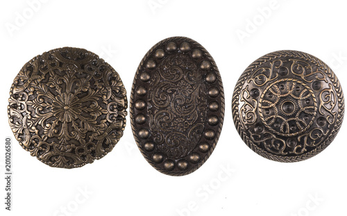 ancient bronze shield on white isolated background