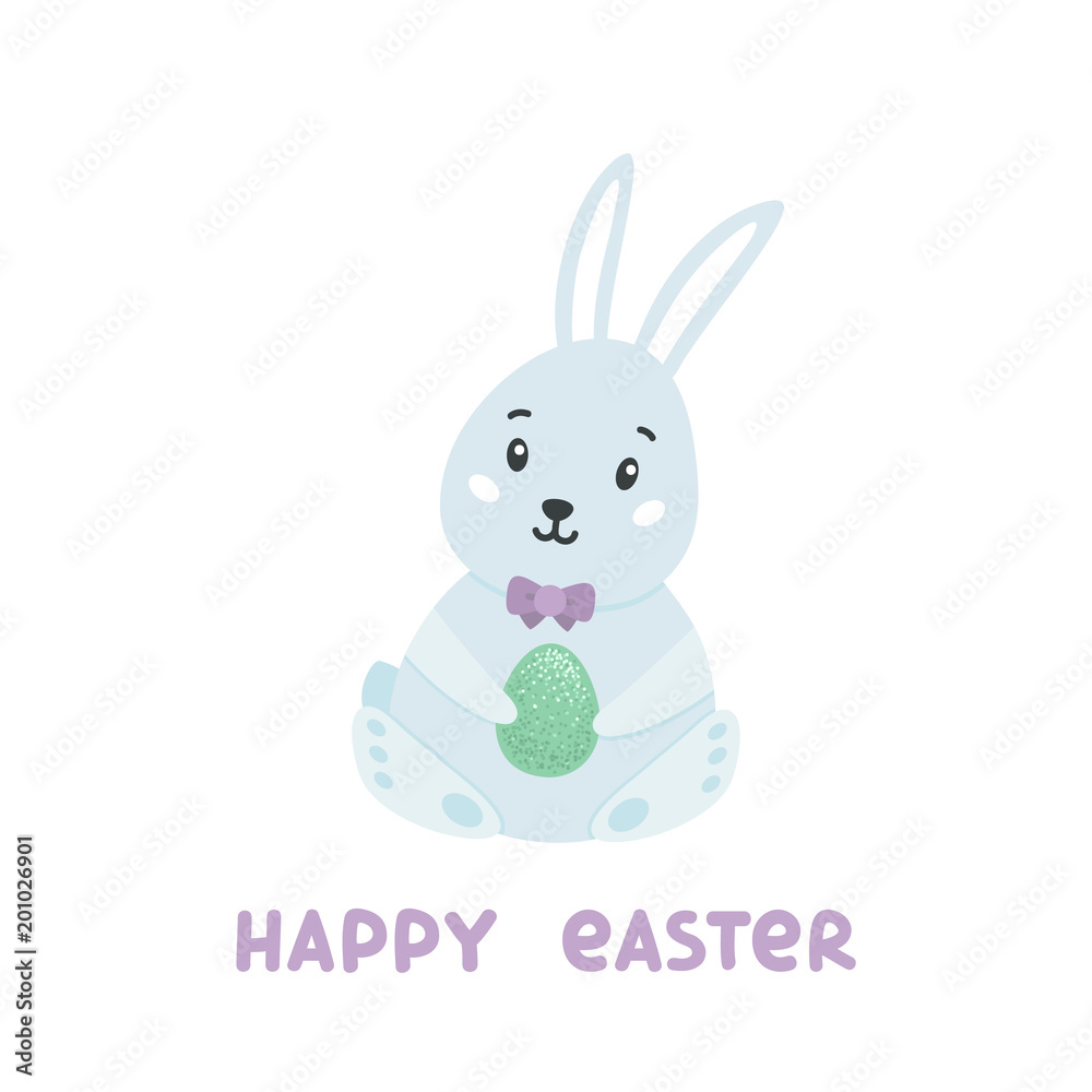 Cute rabbit with egg and inscription Happy Easter. It can be used for greeting card, mug, brochures, poster, label etc. Cute rabbit with egg and inscription Happy Easter. It can be used for greeting card, mug, brochures, poster, label etc.