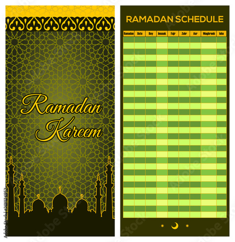 Ramadan Calendar Schedule - Fasting, Iftar and Prayer time table Guide. Translation: Holy Ramadan. Morning, Sunrise, Noon, Afternoon, Evening, Night