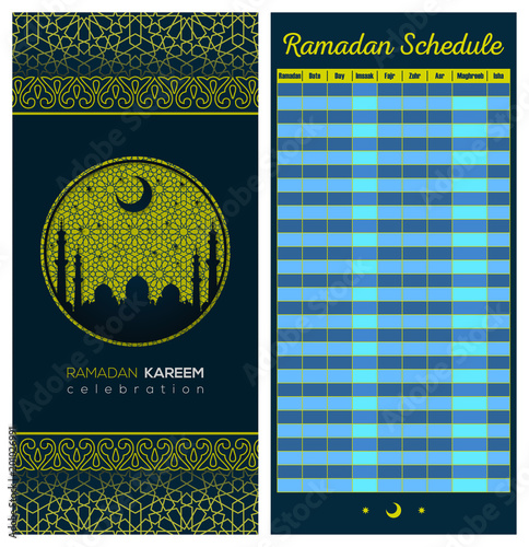 Ramadan Calendar Schedule - Fasting, Iftar and Prayer time table Guide. Translation: Holy Ramadan. Morning, Sunrise, Noon, Afternoon, Evening, Night
