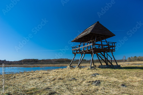 Wooden lookout tower and wild meadow