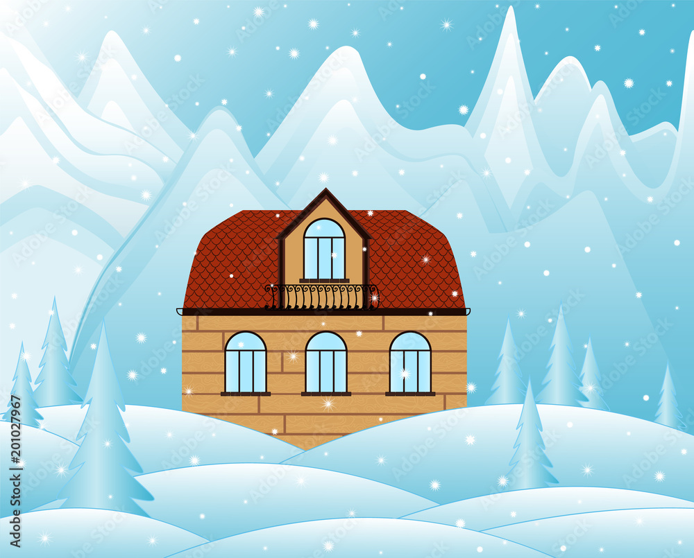 Small village house in the mountains. Snowy landscape. Vector illustration