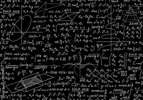Math vector seamless pattern with geometrical plots, formulas and calculations. Endless scientific texture. You can use any color of background