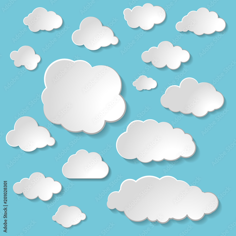 white springtime paper clouds set on blue clear air background