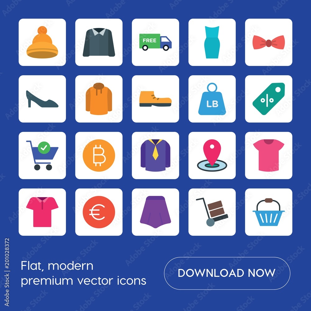 Modern Simple Set of clothes, shopping Vector flat Icons. ..Contains such Icons as money, dress, location, business, female, object and more on blue background. Fully Editable. Pixel Perfect Modern Simple Set of clothes, shopping Vector flat Icons. ..Contains such Icons as money, dress, location, business, female, object and more on blue background. Fully Editable. Pixel Perfect
