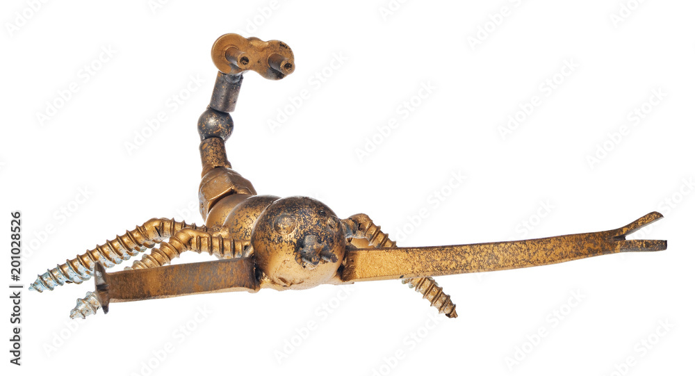 Fototapeta premium Handmade scorpion from car and motorcycle parts, bearing elements, drive chain, poultry, screws and other mechanical elements.