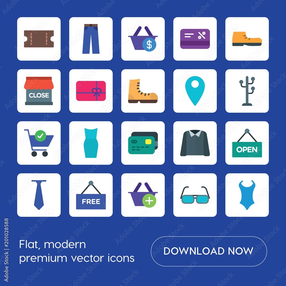 Modern Simple Set of clothes, shopping Vector flat Icons. ..Contains such Icons as denim, coupon, sale, label, illustration, business and more on blue background. Fully Editable. Pixel Perfect Modern Simple Set of clothes, shopping Vector flat Icons. ..Contains such Icons as denim, coupon, sale, label, illustration, business and more on blue background. Fully Editable. Pixel Perfect