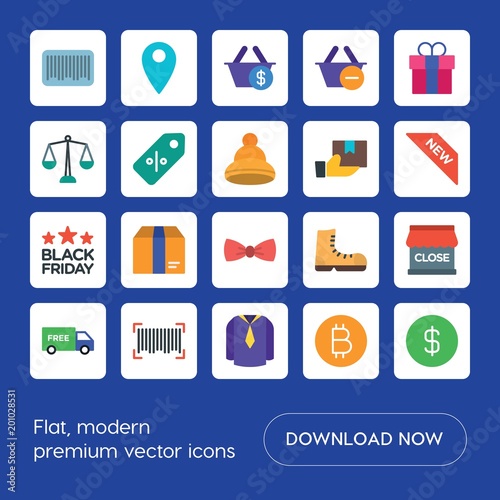 Modern Simple Set of clothes, shopping Vector flat Icons. ..Contains such Icons as sign, casual, pin, label, map, fashion, shipping, box and more on blue background. Fully Editable. Pixel Perfect