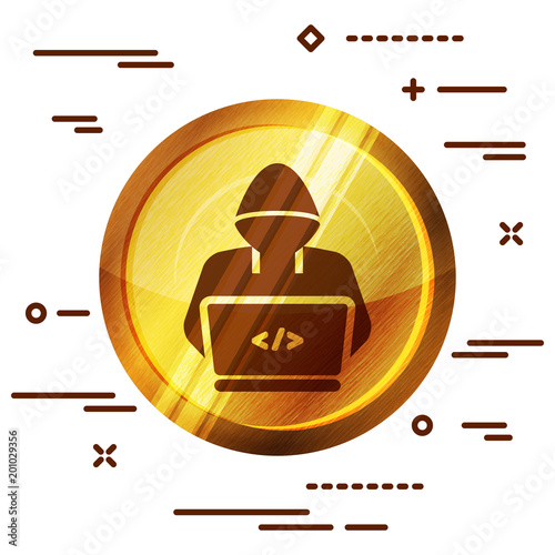 bright golden wooden icon with hacker or coder symbol on white background