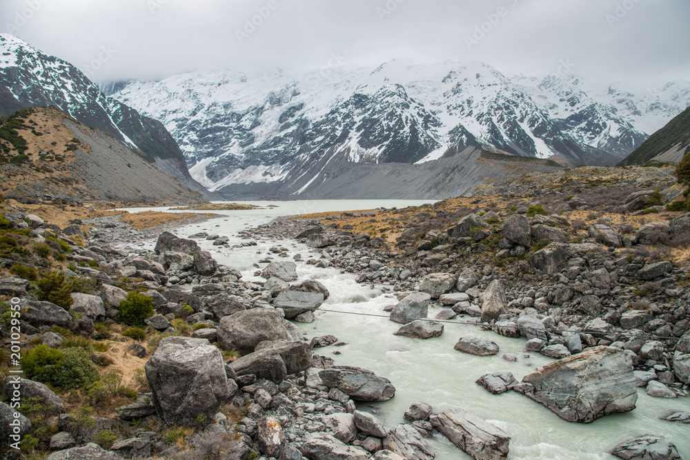 The beautiful landscape of Hooker Valley tracks in Aoraki / Mount Cook the highest mountains in New Zealand.