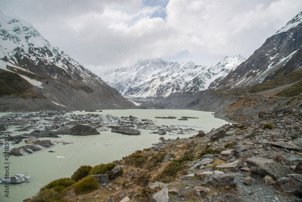 The beautiful landscape of Hooker lake and Hooker glacier in Aoraki / Mount Cook the highest mountains in New Zealand.