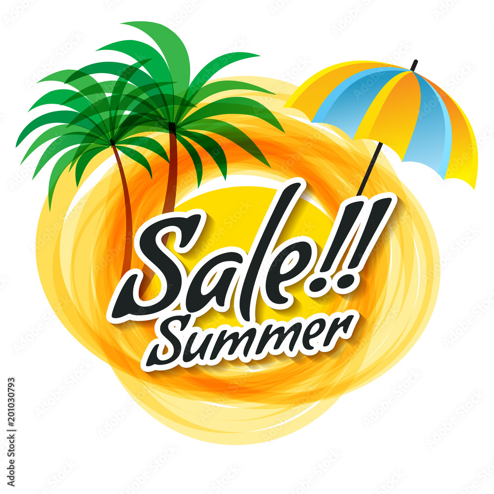 The yellow abstract sun with the summer sale text. Palm trees and umbrella, symbols of summer. Vector illustration sale summer.