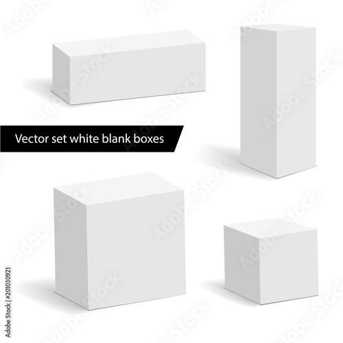collection of four white blank boxes. Empty vertical box for products. Vector illustration.